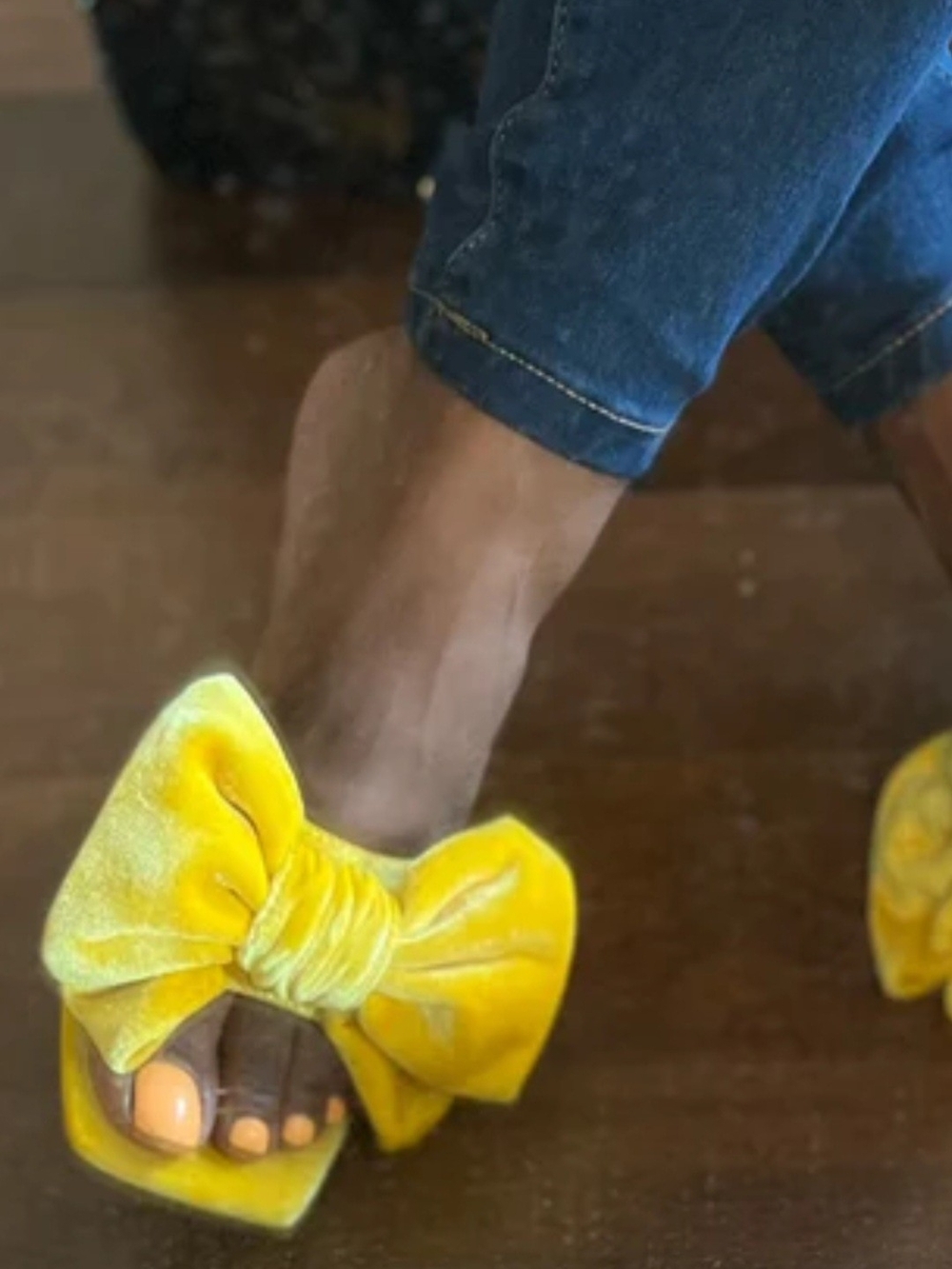 Lira Yellow Velvet Bow Slide Heels - Picture 5 of 7